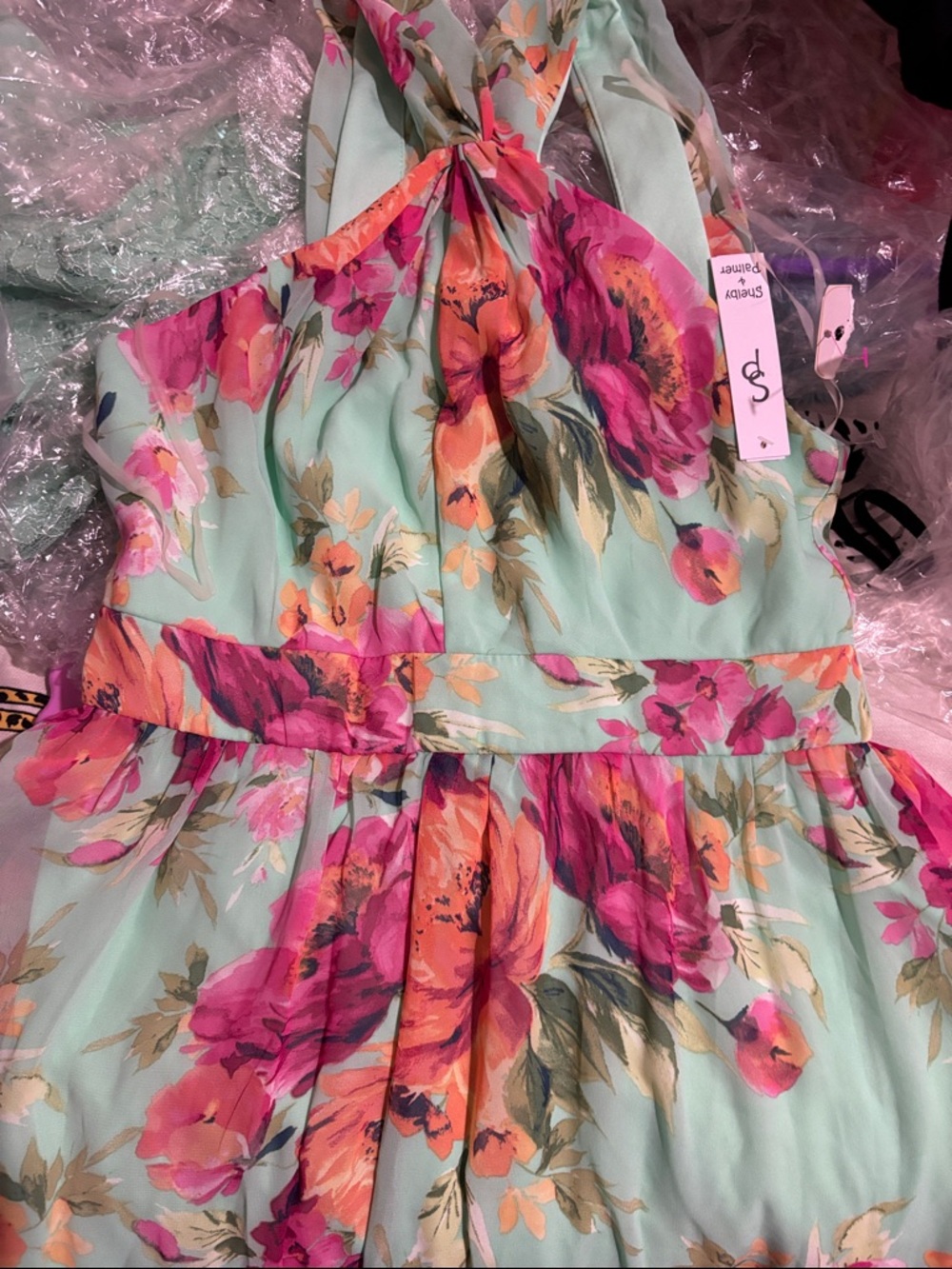 Shelby & Palmer Mint Floral Halter Maxi Dress with Pink Roses - Picture 4 of 5